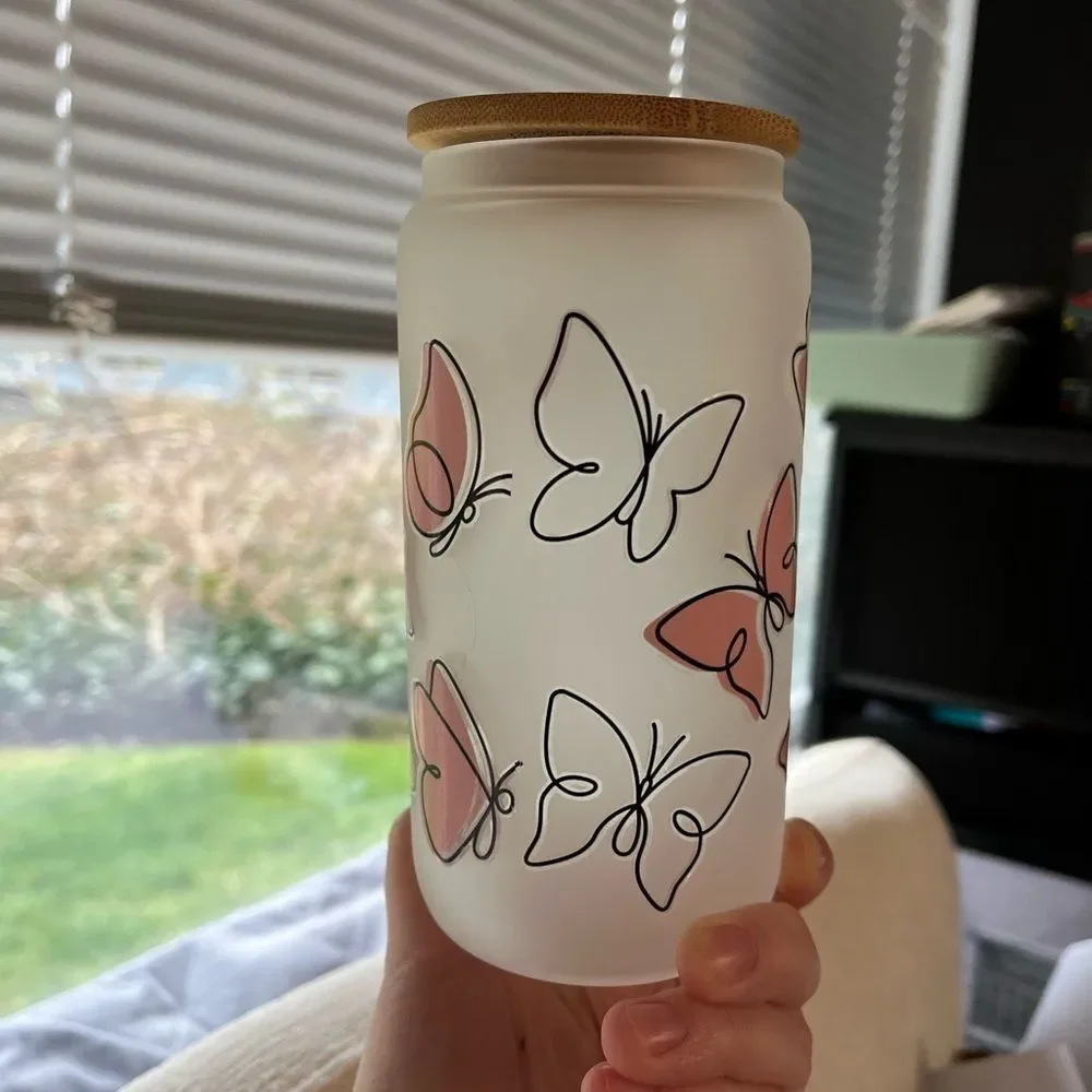 Butterfly Frosted Glass Cup with Bamboo Lid‎ NEW 16 oz